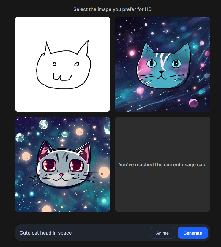 A crude drawing of a cat's head prompted: a picture of a cat head in space. The results are good.