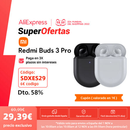 Redmi Buds 3 Pro, Auriculares con Cancelación de Ruido Inteligente, Conectividad de Doble Dispositivo, Batería de Larga Duración de 28 Horas, OficialCUPÓN  SDXES29 + CUPÓN VENDEDOR 1€