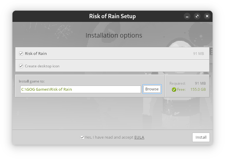 A screenshot showing the installer for Risk of Rain