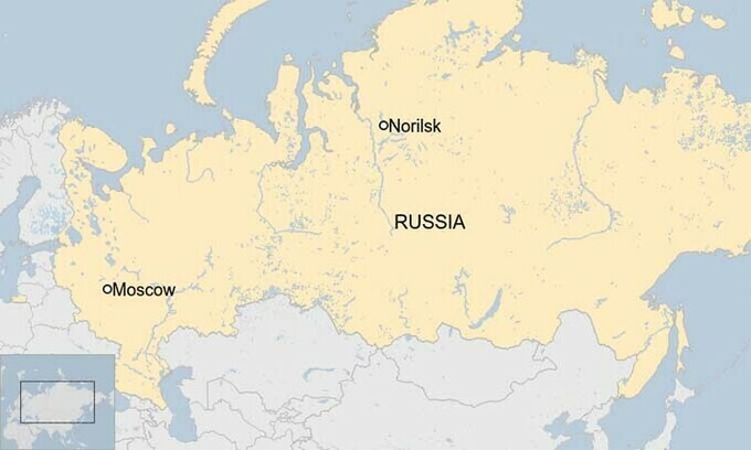 Vị trí thành phố Norilsk thuộc vùng Krasnoyarsk, gần nhà máy nhiệt điện NTEK, nơi xảy ra sự cố tràn dầu hôm 29/5. Đồ họa: BBC.